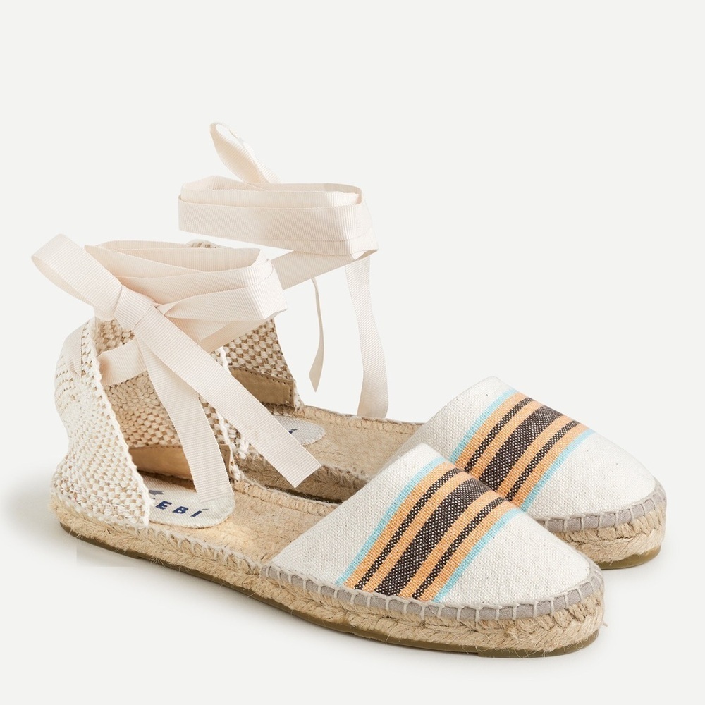 Espadrille Ankle-Tie Flats in Cream with Stripes